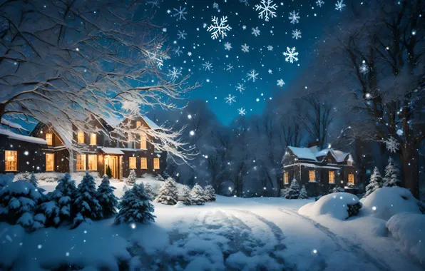 Winter, snow, night, house, Christmas, hut, New year, houses