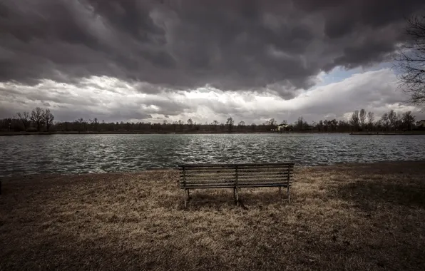 Clouds, river, bench