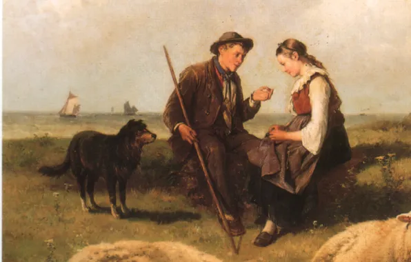 Dog, pasture, a guy and a girl, THEODORE GERARD