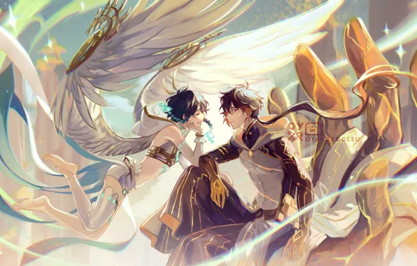 Smile, hand, wings, fantasy, guys, Genshin Impact, Twenty, Zhongli