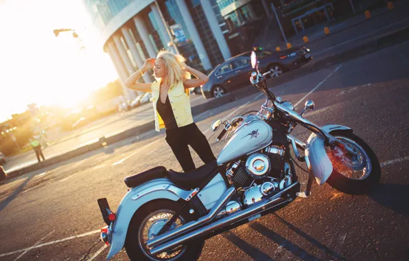 Picture girl, the sun, pose, motorcycle, Alexander Burdov, Yamaha V-Star