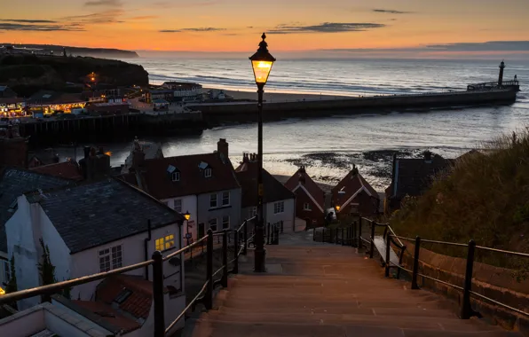 Picture sea, the sky, landscape, sunset, lights, coast, lighthouse, England