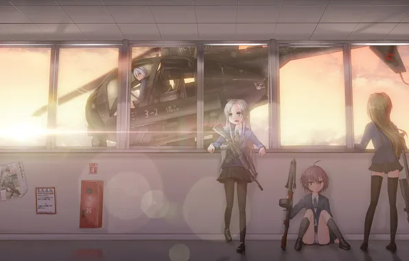 Weapons, girls, the building, Windows, art, machine, helicopter, rifle