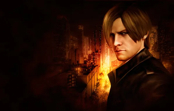 Picture the city, the dark background, fire, art, guy, Resident Evil, Leon Kennedy