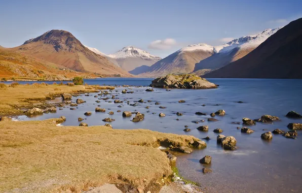 Autumn, water, snow, mountains, lake, stones, tops