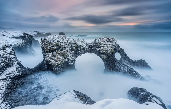 Winter, sea, wave, light, snow, rocks, morning, arch