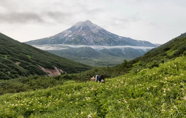 Clouds, mountains, nature, gorge, Russia, tourists, Kamchatka