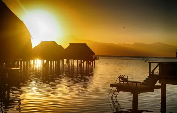 Ocean, sunset, Bora-Bora, water bungalows