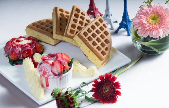 Picture flowers, berries, Eiffel tower, strawberry, ice cream, cake, gerbera, dessert