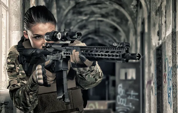 Girl, face, weapons, optics, assault rifle