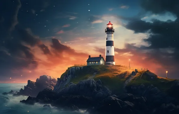 Picture sea, landscape, nature, shore, lighthouse, AI art, neural network
