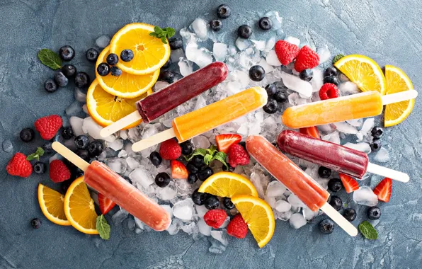 Ice, berries, raspberry, oranges, blueberries, strawberry, ice cream, fruit