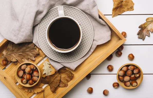 Autumn, leaves, background, tree, coffee, colorful, Cup, nuts