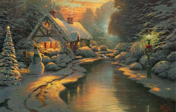 Picture forest, snow, lights, figure, winter, lantern, house, snowman