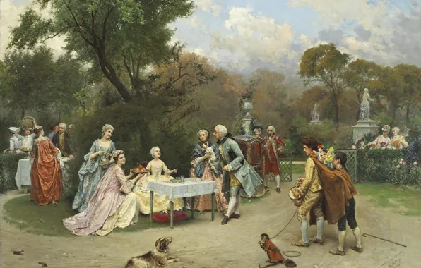 Picture oil, dog, monkey, canvas, 1905, in the gardens of Versailles, Little Princess, Raimundo de Madrazo-and-Garrett