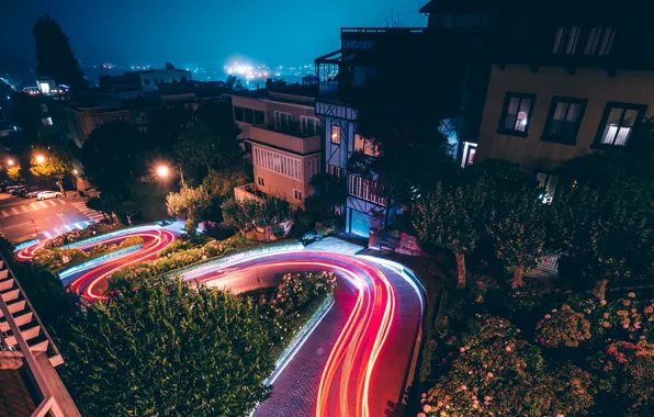 Road, trees, landscape, night, the city, lights, home, slope