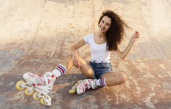 Picture girl, smiley, posing, her, rollerblades