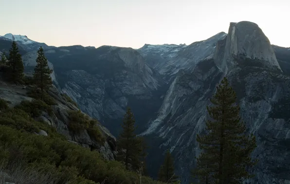 Trees, mountains, rocks, USA, California, Yosemite National Park, Half Dome