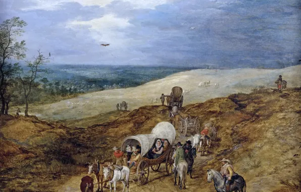 Picture people, picture, wagon, A landscape with Travelers, Jan Brueghel the elder