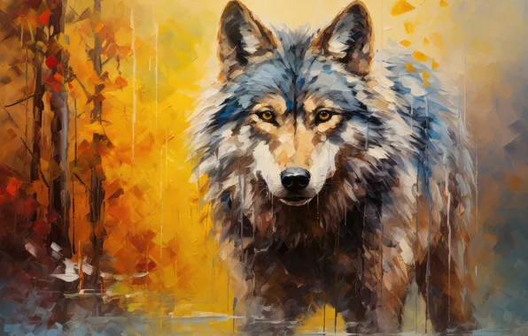 Face, nature, wolf, portrait, painting, strokes, AI art, neural network
