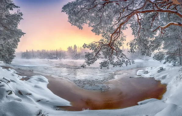 Winter, snow, nature, river