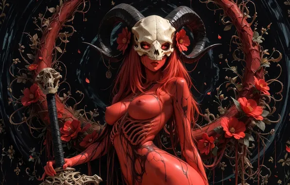 Death, staff, demoness, digital art, digital art, fantasy art, AI art, Stability AI