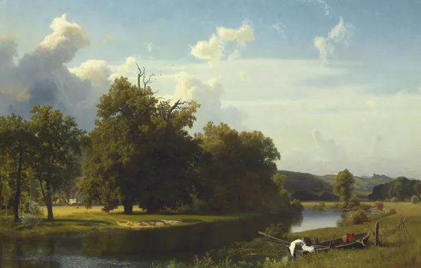 Landscape, river, boat, picture, Albert Bierstadt, Westphalia
