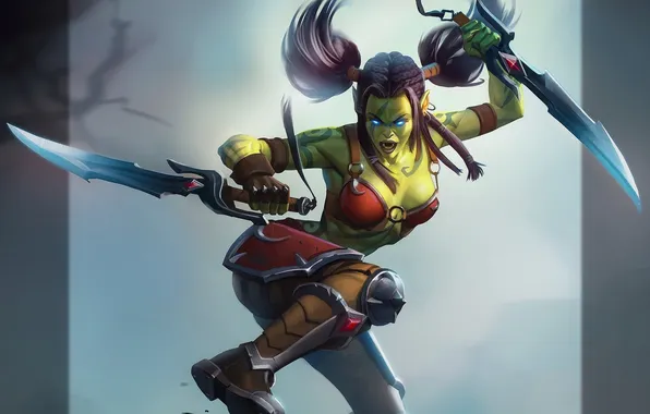 Girl, jump, art, Orc, swords, daggers, Garona, World of Warcraft Tribute