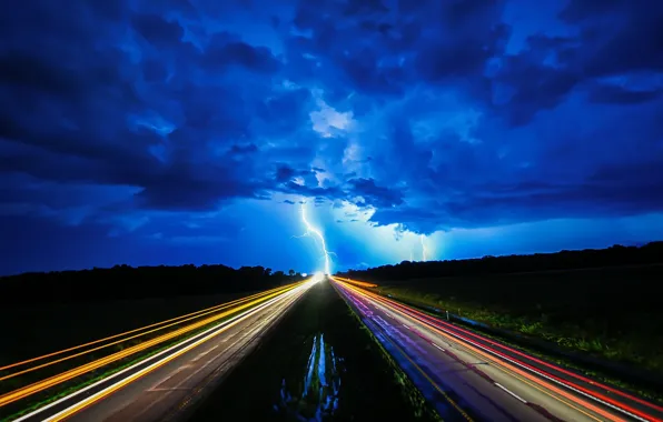 Road, night, lights, lightning