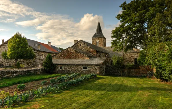 Picture greens, grass, the sun, trees, France, home, Auvergne, Moudeyres