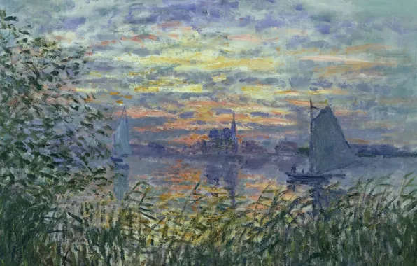 Picture landscape, boat, picture, sail, Claude Monet, Sunset on the Seine