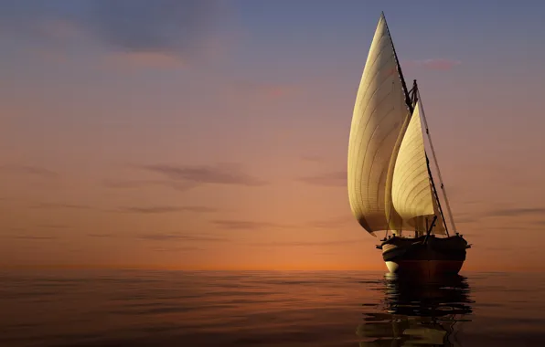 Picture sea, the sky, sunset, yacht, horizon, sails, 3D