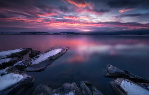 Landscape, Snow, Sunrise, Norway, Lake, Tyrifjorden