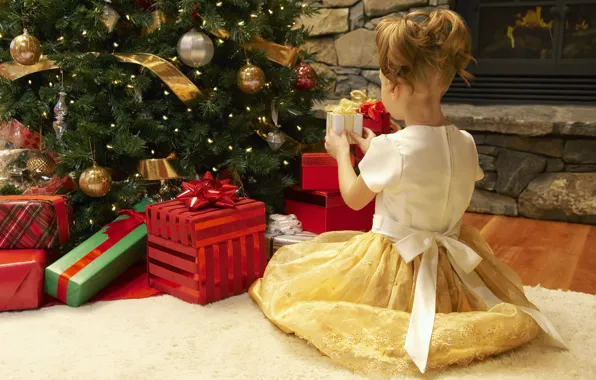 Holiday, carpet, tree, new year, dress, girl, gifts, girl