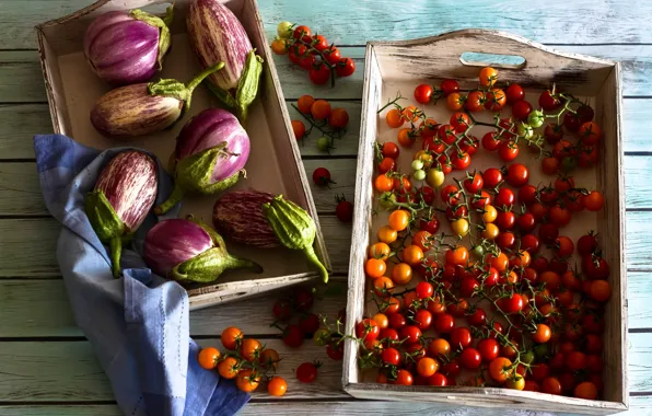 Picture eggplant, box, vegetables, tomatoes, tomatoes