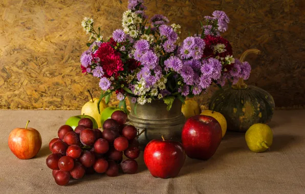 Flowers, apples, bouquet, grapes, pumpkin, fruit, still life, vegetables