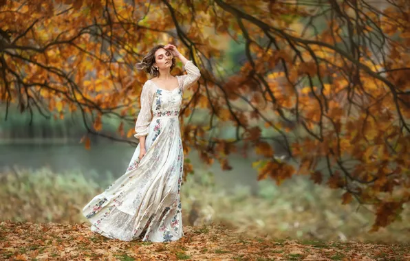 Picture autumn, girl, branches, pose, tree, mood, dress, Anastasia Barmina