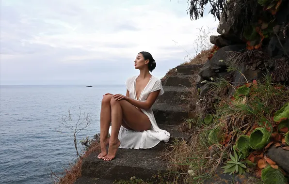 Model, Aria, gorgeous, photoshoot, posing, white dress, beautiful face, outdoors