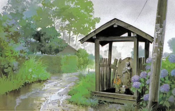 Summer, grass, trees, rain, track, my neighbor Totoro, tonari no totoro, hydrangea