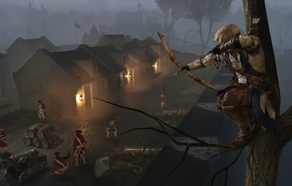 Night, the city, people, bow, soldiers, arrow, assassin, Assassin's Creed III