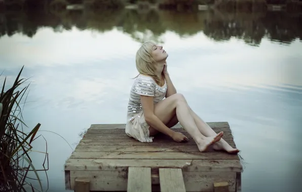 Girl, bridge, lake