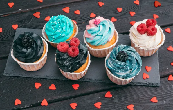 Hearts, decoration, cream, dessert, cupcakes