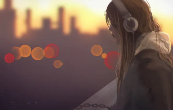 Girl, headphones, city lights