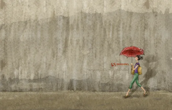 Girl, wall, umbrella