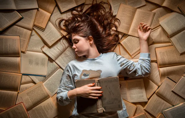 Books, sleep, girl, Dreams