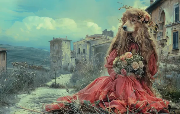 Girl, flowers, castle, dog, bouquet, dress, fantasy, hairstyle