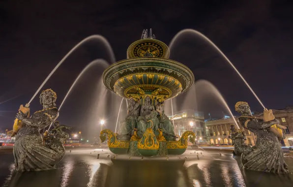 Night, the city, lights, France, Paris, home, lights, fountain