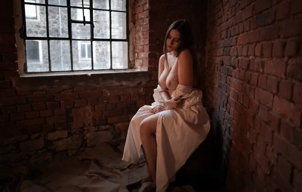Chest, sexy, pose, wall, model, body, brick, hands