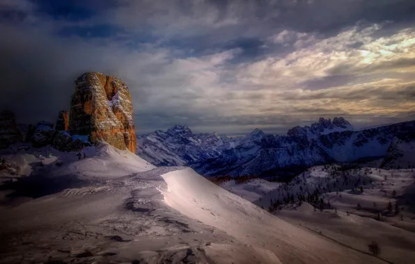 Winter, forest, the sky, clouds, light, snow, mountains, clouds