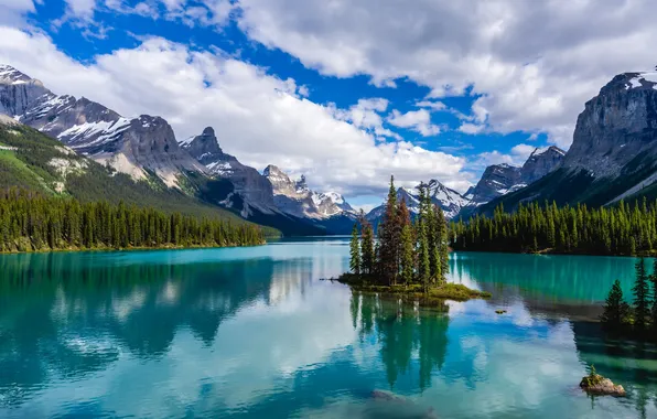 Forest, clouds, mountains, reflection, blue, tops, island, ate